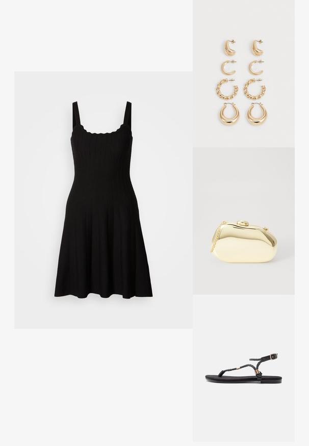 Vestido de malha canelada preto com corpete justo e saia evasê. Apresenta alças largas e um decote rendado. Textura suave, até ao joelho.; Sandálias planas pretas com tiras trançadas e um acabamento metálico. Apresenta uma fivela ajustável e uma sola de borracha plana para conforto.; Clutch metálico dourado com uma forma suave e arredondada, apresentando um fecho de botão superior e uma pequena alça em corrente para transporte.; Conjunto de cinco brincos de ouro, com designs variados: superfícies torcidas, estriadas e lisas em formas de argola e crescente.