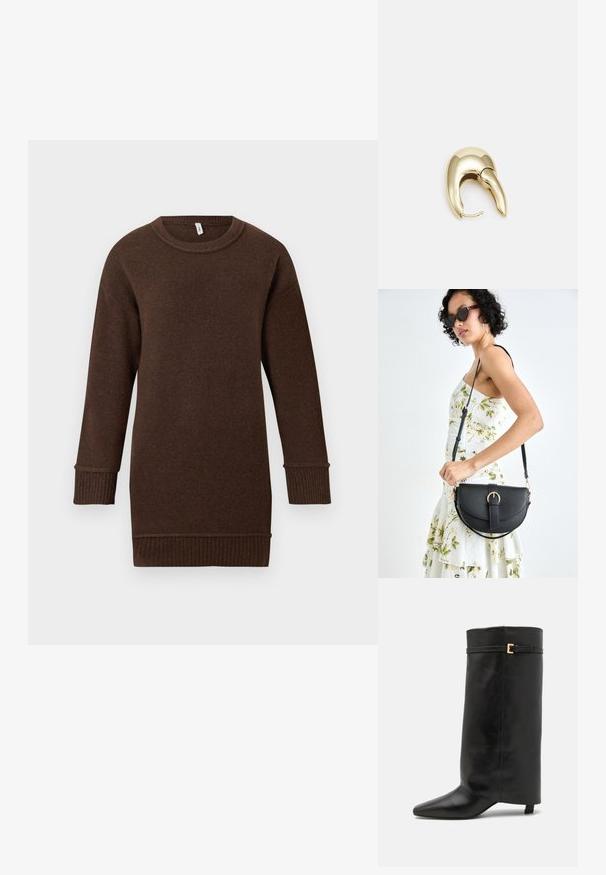 Suéter marrón de punto de manga larga con puños acanalados, dobladillo y escote redondo, exhibido sobre un fondo blanco.; ALOHAS EVITA - Botas - black; Bolso de piel negra con forma curva, correa desmontable y herrajes dorados. El bolso cuenta con una solapa con un detalle de hebilla.; Pendiente de metal en tono dorado con un diseño elegante y curvado. Presenta una forma puntiaguda distintiva, superficie pulida y cierre de bisagra.