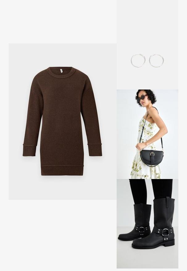 Pikkade varrukatega pruun kudumit-sviiter ribidega mansettide, äärte ja ümarate kraega, esitatud valgel taustal.; ONLY SHOES ONLBAX - Kauboi-/mootorrattasaapad - black; Mustmust mustraha kõverate joontega, eemaldatava rihmaga ja kuldsete detailidega. Kotil on klapp, millel on pandladetail.; Hõbedased rõngaskõrvarõngad, millel on sujuv ja ümar disain, millel on sile pind ja nähtavad kaunistused puuduvad. Diameeter ei ole täpsustatud.