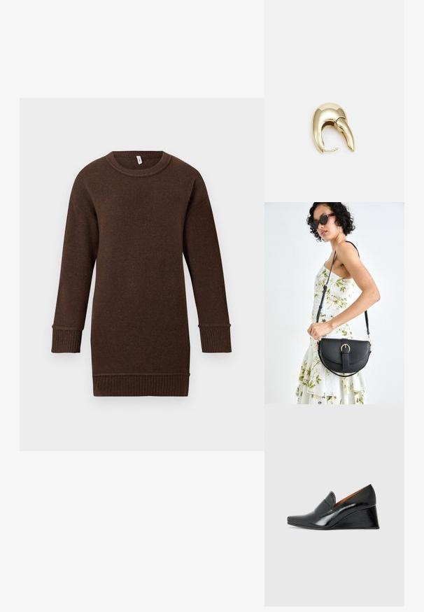 Pulover tricotat maro cu mânecă lungă, cu manșete și tiv cu dungi, și guler rotund, expus pe un fundal alb.; Chie Mihara VECINO - Pantofi talpă ortopedică - black; Geantă din piele neagră, cu o formă curbată, curea detașabilă și accesorii aurii. Geanta are un capac cu un detaliu tip cataramă.; Cercei din metal de culoare aurie cu un design elegant și curbat. Prezintă o formă distinctivă, ascuțită, o suprafață lustruită și un sistem de închidere cu balama.