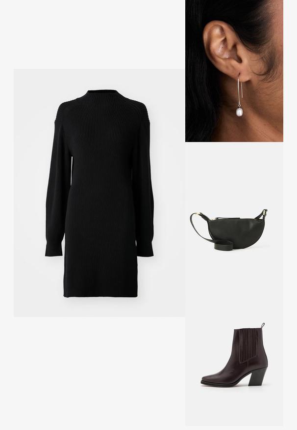 Dzianinowa czarna sukienka z wysokim dekoltem, długimi rękawami, prążkowaną fakturą i prostą sylwetką. Bez widocznych wzorów ani akcentów.; Ciemnobrązowy skórzany botek za kostkę z zakończeniem w szpic, pionowym żłobieniem po bokach oraz średniej wysokości słupkowym obcasem.; Czarna skórzana torba na ramię w kształcie półksiężyca, o teksturowanej powierzchni, ze złotym zamkiem błyskawicznym i płaskim paskiem. Kompaktowy design odpowiedni na najważniejsze rzeczy.; Srebrna kolczyk w kształcie obręczy z pionowym zwiskiem, na którym znajduje się pojedyncza biała perła. Projekt jest elegancki, z gładkim, polerowanym wykończeniem.
