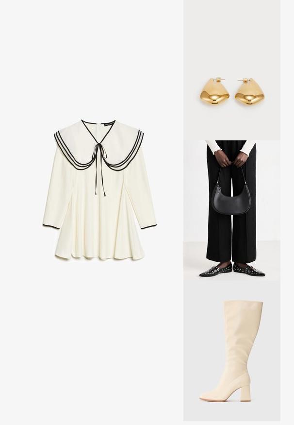 Kermaviinin pitkähihainen mekko, jossa on iso merimiestyyppinen kaulus mustalla reunustuksella ja solmimisnauhalla, laskostettu hame ja mustat reunat hihoissa.; Kreemivärvi kuni põlveni ulatuv saabas, millel on ploki konts ja sile viimistlus, kujutatud külgprofilis lihtsal taustal.; Mustapohjainen nahkalaukku, jolla on pyöreä muoto, kiiltävä pinta ja hopeiset varusteet. Henkilöllä on päällään mustat leveälahkeiset housut ja niittilapaset.; Kultaiset metallikorvakorut, joissa on sileä, pyöreä kolmion muoto ja postitaustasuunnittelu; heijastava pinta, jossa on minimaalinen yksityiskohtien määrä.