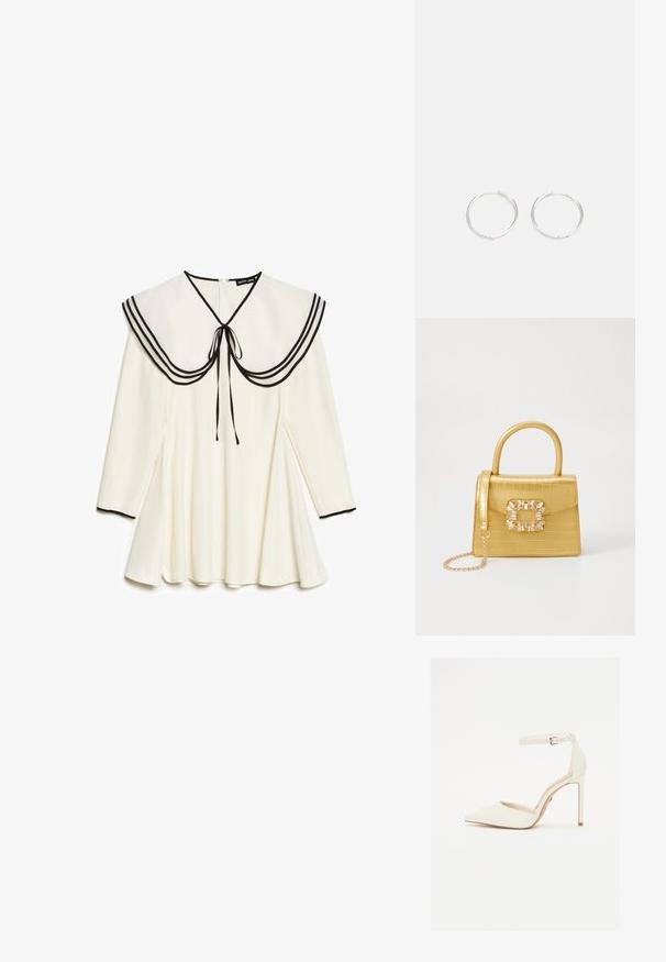 Crème lange mouw jurk met grote zeeman kraag voorzien van zwarte rand en strik, geplooide rok en zwarte rand op de manchetten.; Witte leren hoge hak schoen met een spitse neus en dunne enkelband. Kenmerkt zich door een stiletto hak en een minimalistisch ontwerp.; Geel faux-krokodillenhandtas met een gestructureerd ontwerp, bovenhandvat, afneembare kettingriem en decoratieve kristallen versiering op de sluiting.; Zilveren ronde oorbellen met een strak ontwerp, voorzien van een glad oppervlak en zonder zichtbare versieringen. Diameter niet opgegeven.