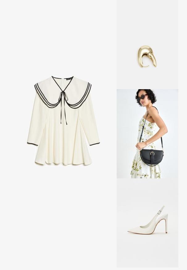 Crème lange mouw jurk met grote zeeman kraag voorzien van zwarte rand en strik, geplooide rok en zwarte rand op de manchetten.; Witte, met een spitse neus, slingback pump van soepel leer, met een slanke, hoge hak en een verstelbare gespband. Ontwerp met open achterkant.; Zwarte leren handtas met een gebogen vorm, afneembare schouderband en gouden hardware. De tas heeft een klep met een gespsluiting.; Gouden metalen oorbel met een slank, gebogen ontwerp. Beschikt over een kenmerkende puntige vorm, gepolijste oppervlakte en scharnier sluiting.