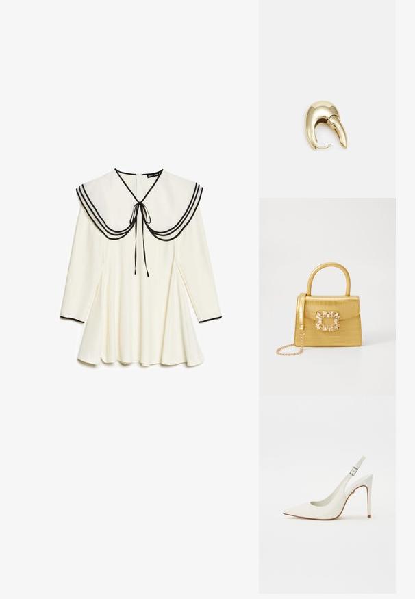 Kremfarget langermet kjole med stor seilorkrage med svart kant og slips, plissert skjørt og svart kant på ermene.; Hvit spiss tå slingback pumpe laget av glatt lær, med en smal, høy hæl og justerbar spenne. Åpen bakdesign.; Gul faux-krokodille veske med en strukturert design, toppen håndtak, avtagbar kjede stropp, og dekorativ krystallbortsettelse på låsen.; Gullfarget metalløredobber med et elegant, buet design. Har en karakteristisk spiss form, polert overflate og hengsel-lukking.