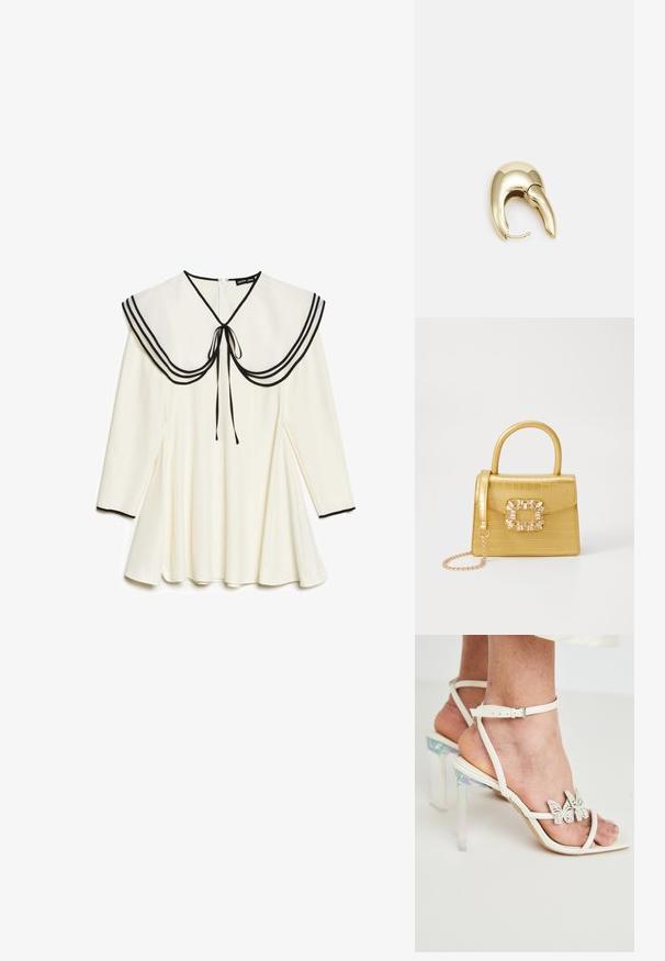 Robe crème à manches longues avec un large col marin orné de bordures noires et d'un nœud, jupe plissée, et finitions noires aux poignets.; Sandales à talons blancs avec des brides, équipées de talons block transparents et irisés, et d'accents décoratifs en forme de papillon sur les brides. Texture en cuir lisse.; Sac à main en faux crocodile jaune avec un design structuré, une poignée supérieure, une bandoulière en chaîne amovible, et un ornement cristallin décoratif sur le fermoir.; Boucle d'oreille en métal doré avec un design élégant et courbé. Présente une forme conique distinctive, une surface polie et une fermeture à charnière.