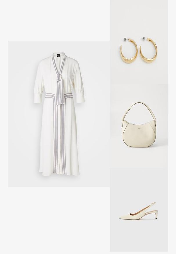 White dress with a wrap design, featuring a striped tie at the neckline and a centered stripe detail down the front, three-quarter sleeves.; Pointed-toe slingback shoe in off-white leather, featuring a low heel and cut-out design with a smooth texture and minimal accents.; Cream-colored handbag with a textured finish, curved shape, short handle, and gold-tone logo detail. Zipper closure at the top.; Gold-colored hoop earrings with a smooth, curved design. Made of metal, featuring a sleek finish and post-back closure.