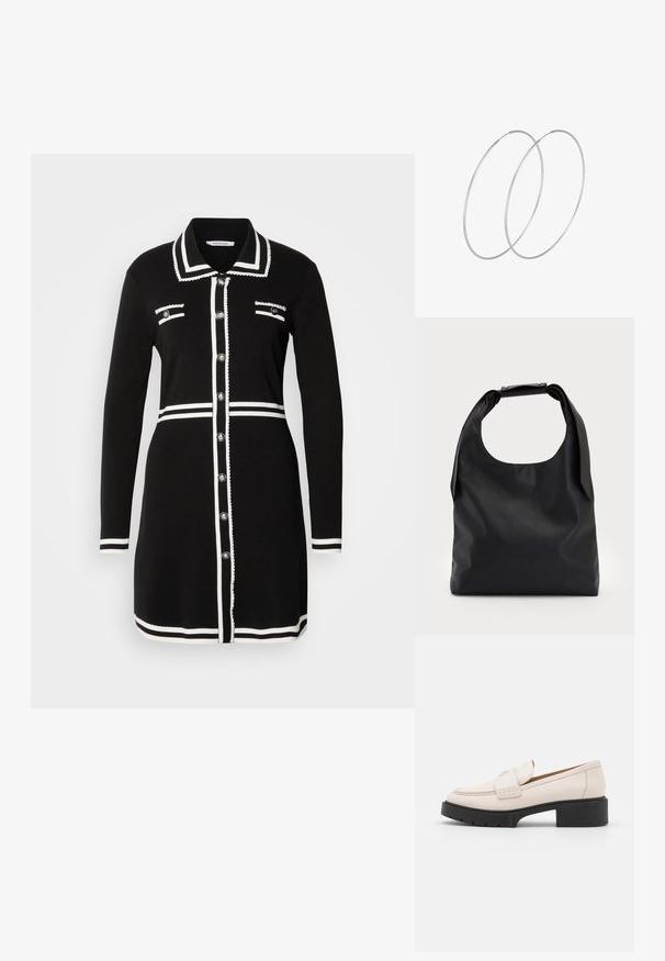 Schwarzes Kleid mit einem Kragenhals, weißen Besätzen, zwei Brusttaschen und silbernen Knöpfen. Aus Strickstoff gefertigt, mit langem Arm.; Hellebeige Lederloafers mit einer gesteppten Vorderseite und einem strukturierten schwarzen Plateauabsatz. Merkmale ein geschwungenes Design und eine leichte Erhöhung.; Schwarze Leder-Hobo-Tasche mit einem einzelnen, weichen, abgerundeten Griff; verfügt über eine glatte Textur und ein minimalistisches Design. Keine sichtbaren Beschläge oder Akzente.; Silberne Creolen mit minimalistischem Design. Rundform, glatte Oberfläche und dünnes Profil. Leichtgewichtig mit hochglänzender Oberfläche.