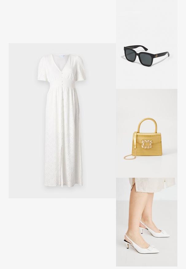 Hvit maxikjole med V-hals, korte pufferm, knappestolpe foran og brodert prikkemønster. Stoffet er lett og har en løs passform.; Hvite skinn slingback-sko med lav hæl, med firkantet tå og sløyfedetalj foran. Glatt tekstur og minimalistisk design.; Sorte solbriller med rektangulære linser, som har en blank overflate og gulllogo aksenter på brillestengene. Mørkegrå linser gir UV-beskyttelse.; Gul faux-krokodille veske med en strukturert design, toppen håndtak, avtagbar kjede stropp, og dekorativ krystallbortsettelse på låsen.