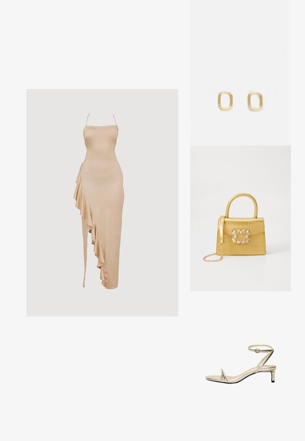 Naga saten obleka s prilagojenim korzetom in asimetričnim volanom na levi strani, ki ima tanke nastavljive naramnice.; Metalne zlate sandale s tankim trakastim zapenjanjem, odprti nos in nizko blok peto. Imajo minimalističen dizajn in gladko teksturo.; Rumeno usnjeno-usnje z vzorcem krokodila, s strukturiranim dizajnom, zgornjo ročajem, snemljivo verižico in dekorativnim kristalnim okrasjem na zaponki.; Zlate pravokotne obročaste uhane z gladko teksturo in zaobljenimi robovi. Oblikovanje ima minimalistično, geometrijsko obliko.