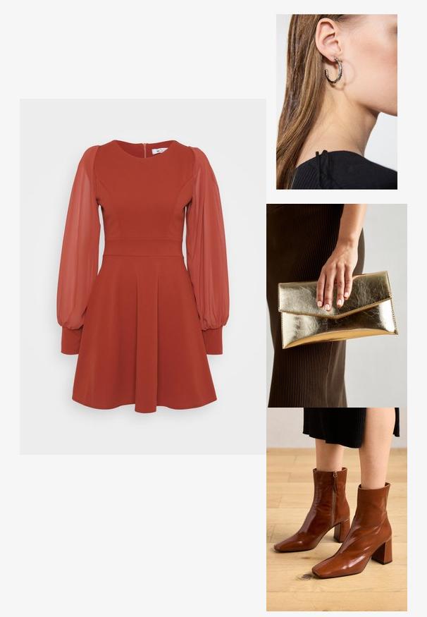 Rød kjole med korte, puffede, gjennomsiktige ermer, tettsittende liv, utsvingt skjørt og glidelås bak. Laget av strukturert stoff med en glatt finish.; Brune lærstøvler ankelhøjde med en blank overflade, firkantet tå, blokhæl og lynlåsdetailler i siden, sat mod et lys trægulv.; Gull metallisk clutch-veske med en glatt tekstur, som har en trekantet klaffelukking. Hånden som holder den har pent manikyrte negler.; Sølv ringøredob med en polert finish, med små gull detaljer og en rund form, båret på øreflippen.