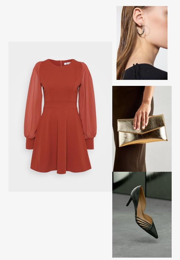 Sarkans kleitas ar īsām pūkām caurspīdīgām piedurknēm, pieguļošs augšdaļa, izplešama svārku daļa un aizmugures rāvējslēdzējs. Izgatavota no teksturēta auduma ar gludu apdari.; Melna augsta papēža kurpe ar smailu purngalu, teksturētu virsmu un izteiksmīgām sānu izgriezumiem, izstādīta uz neitrāla fona.; Zelta metalizēta sajūga soma ar gludu tekstūru, kuru rotā trīsstūrveida vāks. Rokai, kas to tur, ir kārtīgi apgriezti nagi.; Sudraba auskars ar pulētu apdari, ar maziem zelta akcentiem un apaļu formu, uz ausu ļipiņas.