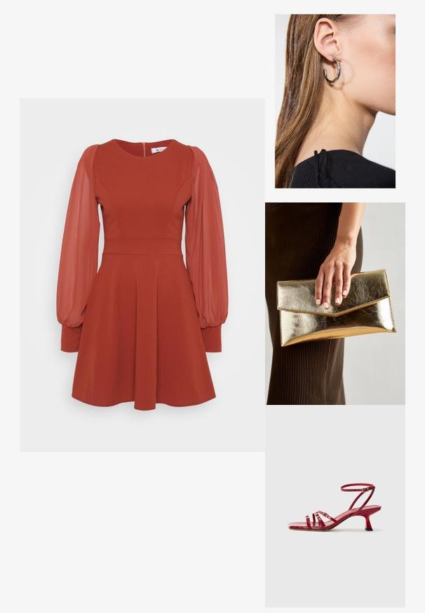 Red dress with short puffed sheer sleeves, fitted bodice, flared skirt, and a back zipper. Made of textured fabric with a smooth finish.; Red patent leather sandals feature three toe straps and an adjustable ankle strap. The heel is a stylish block shape, around 5 cm tall.; Gold metallic clutch bag with a smooth texture, featuring a triangular flap closure. The hand holding it has neatly manicured nails.; Silver hoop earring with a polished finish, featuring small gold accent details and a round shape, worn on the lobe.