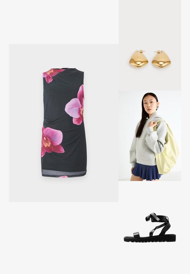 Vestido negro sin mangas con grandes estampados de orquídeas rosas, textura suave, diseño ajustado con detalle fruncido en el lateral, a la altura de la rodilla.; Sandalias negras con suela texturizada, que presentan correas delgadas y un diseño anudado. Fabricadas con un material elegante, forma moderna y punta abierta.; Sudadera de gran tamaño en color gris con un bolsillo canguro, combinada con una falda acampanada azul marino. Accesorio: mochila grande de color amarillo claro, con textura suave.; Pendientes de metal en tono dorado con forma triangular suave y redondeada, y diseño de cierre a presión; superficie reflectante con un detalle mínimo.