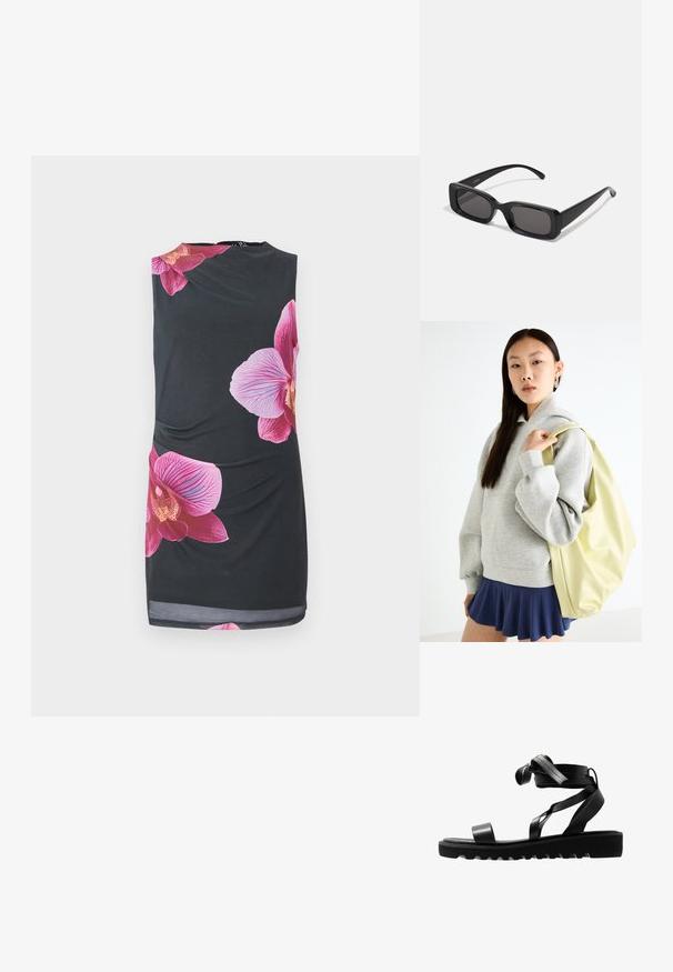 Black sleeveless dress featuring large pink orchid prints, smooth texture, fitted design with gathered detail on the side, knee length.; Black sandals with a textured sole, featuring slender straps and a knotted design. Made of sleek material, modern shape, and open toe.; Black rectangular sunglasses with dark lenses, glossy finish, wide arms, and a chunky frame design. Engraved brand name on one arm.; Gray oversized hoodie with a kangaroo pocket, paired with a navy flared skirt. Accessory: large light yellow backpack, smooth texture.
