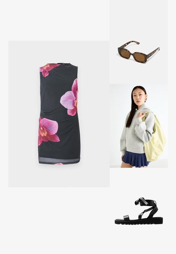 Zwarte mouwloze jurk met grote roze orchideeënprints, gladde textuur, getailleerd ontwerp met geplooide details aan de zijkant, kniehoogte.; Zwarte sandalen met een gestructureerde zool, voorzien van slanke banden en een geknoopt ontwerp. Gemaakt van glad materiaal, moderne vorm en open teen.; Tortoiseshell zonnebril met een ronde, stevige montuur en bruine lenzen. Heeft subtiele patronen en rechte, taps toelopende veren.; Grijze oversized hoodie met een buideltas, gecombineerd met een marineblauwe vlaggenrok. Accessoire: grote lichtgele rugzak, gladde textuur.