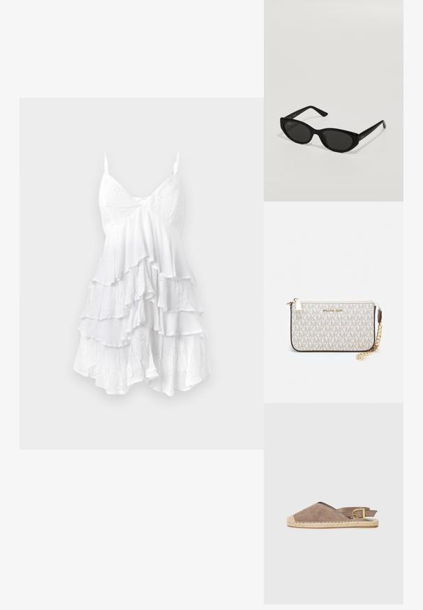 Vestido blanco sin mangas con capas con volantes, hecho de un tejido ligero que presenta patrones de ojal y una textura delicada. Diseño con escote en V.; Sandalia de esparto de ante en taupe, diseño de espalda abierta, suela de yute, tacón plano, con acento de hebilla ajustable, que presenta una careta de dedo en beige en contraste.; Gafas de sol negras con una forma de ojo de gato estrecha. Hechas de plástico suave, con lentes oscuros y sutiles acentos de logo en las patillas.; Monedero de muñeca Michael Kors en lona recubierta beige que presenta un patrón repetido del logo MK, herrajes dorados y una correa de cadena desmontable.