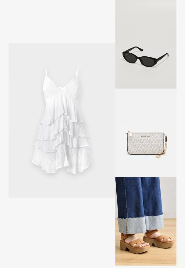 Bijela haljina bez rukava s nabranim slojevima, izrađena od lagane tkanine s izvezenim uzorcima i delikatnom teksturom. V-izrez.; Smeđe nubuk sandale na platformu s dvostrukim trakama, s teksturiranom potplatom i debelim, konturiranim potpeticama. Uložene s trapericama.; Crne sunčane naočale uskog, mačkastog oblika. Izrađene od glatke plastike, imaju tamne leće i suptilne logotipe na okrajima.; Michael Kors novčanik na zapešću u bež premazanoj tkanini s ponavljajućim uzorkom MK loga, zlatnim hardverom i odvojivim lancem za nošenje.