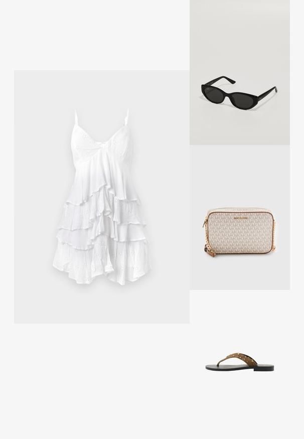 White sleeveless dress with ruffled layers, made of lightweight fabric featuring eyelet patterns and delicate texture. V-neck design.; Brown suede flip-flop with a single strap featuring gold studs, black outsole, flat design, and simple, minimalistic shape.; Black sunglasses with a narrow, cat-eye shape. Made of smooth plastic, featuring dark lenses and subtle logo accents on the temples.; Beige crossbody bag made of canvas with a repeating MK logo pattern, gold hardware, and a chain strap. Features a zip closure and leather accents.