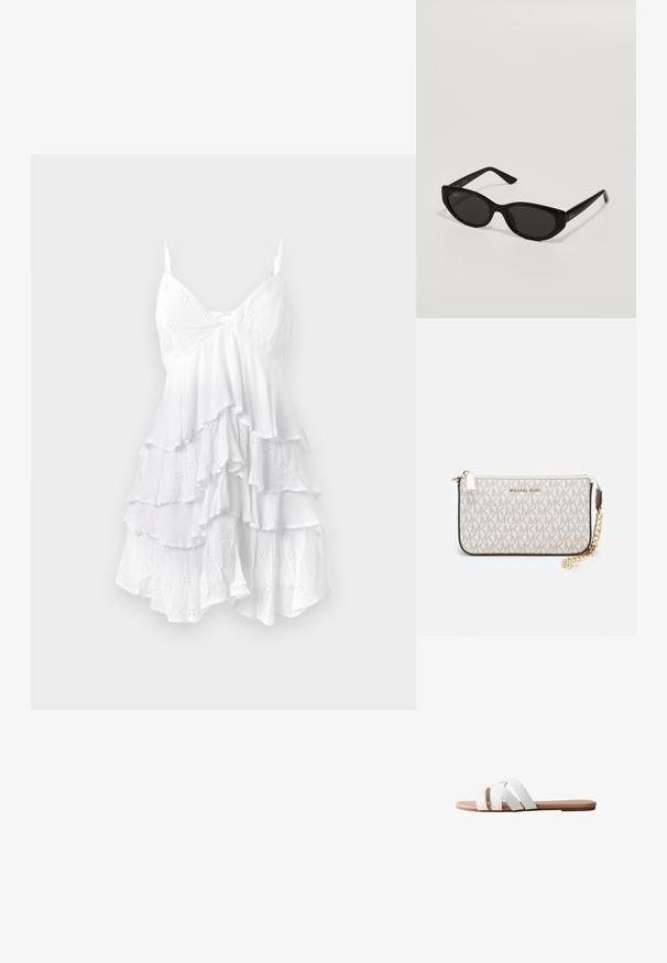 White sleeveless dress with ruffled layers, made of lightweight fabric featuring eyelet patterns and delicate texture. V-neck design.; White flat slide sandal with three crisscross straps. Soft, synthetic upper and plain beige sole. Minimalist design with no additional patterns.; Black sunglasses with a narrow, cat-eye shape. Made of smooth plastic, featuring dark lenses and subtle logo accents on the temples.; Michael Kors wristlet in beige coated canvas featuring a repeating MK logo pattern, gold hardware, and a detachable chain strap.