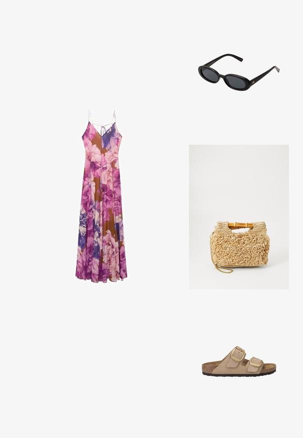 Květinové maxi šaty s kombinací fialových a hnědých odstínů, lehký materiál, tenké ramínka a volný střih.; Beige sandály se dvěma řemínky, vyrobené z měkké semišové horní části, se zlatými kovovými sponami, korkovou vložkou a texturovanou gumovou podrážkou.; Černé oversized sluneční brýle s oválnými čočkami, hladkým plastovým rámem a zlatými akcenty na spáncích. Tmavé čočky poskytují ochranu před sluncem.; Tkaná slaměná kabelka s bambusovými držadly, s texturovaným designem střapců v přirozené béžové barvě a zlatým řetízkem.