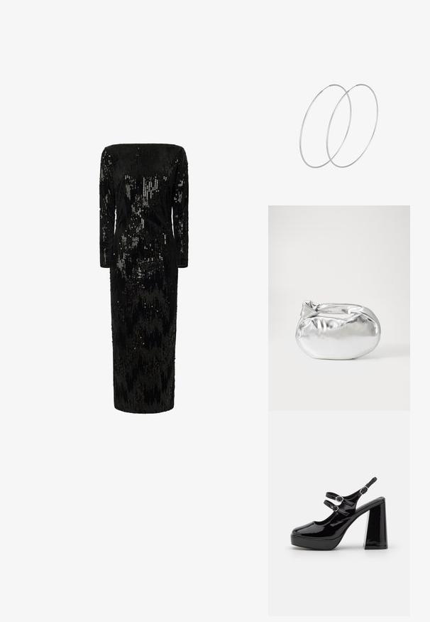 Juoda suknelė su pailgais rankovėmis, dekoruota blizgančiais sekuinais, su nuogomis pečiais ir tiesia siluetu; pasižymi tekstūruota, blizgia danga.; Juodos lakuotos platformos aukštakulniai su stora blokine pakulne, turintys dvi reguliuojamas dirželius su apvaliais sidabriniais akcentais.; Sidabrinė metalinė maišelio forma su švelnia, apvalia forma ir mazgu užveriamu viršumi. Pagaminta iš lygios dirbtinės odos medžiagos.; Sidabrinės pusmėnulio auskarai minimalistiniu dizainu. Apskritimo forma, lygus paviršius ir plonas profilis. Lengvi su poliruotu apdailu.