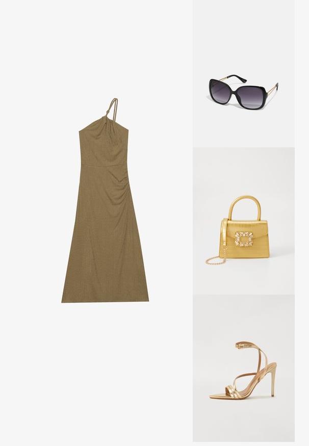 Vestido sem mangas, verde oliva, com tecido drapeado e alça amarrada no ombro. Material liso e texturizado com corpete ajustado e saia fluida.; Even&Odd Sandálias de salto alto - gold; Óculos de sol oversized pretos com lentes degradê, armações grossas e detalhes em corrente dourada nas hastes.; Bolsa amarela em pele de crocodilo falsa, com um design estruturado, pega no topo, alça de corrente removível e decoração de cristal no fecho.