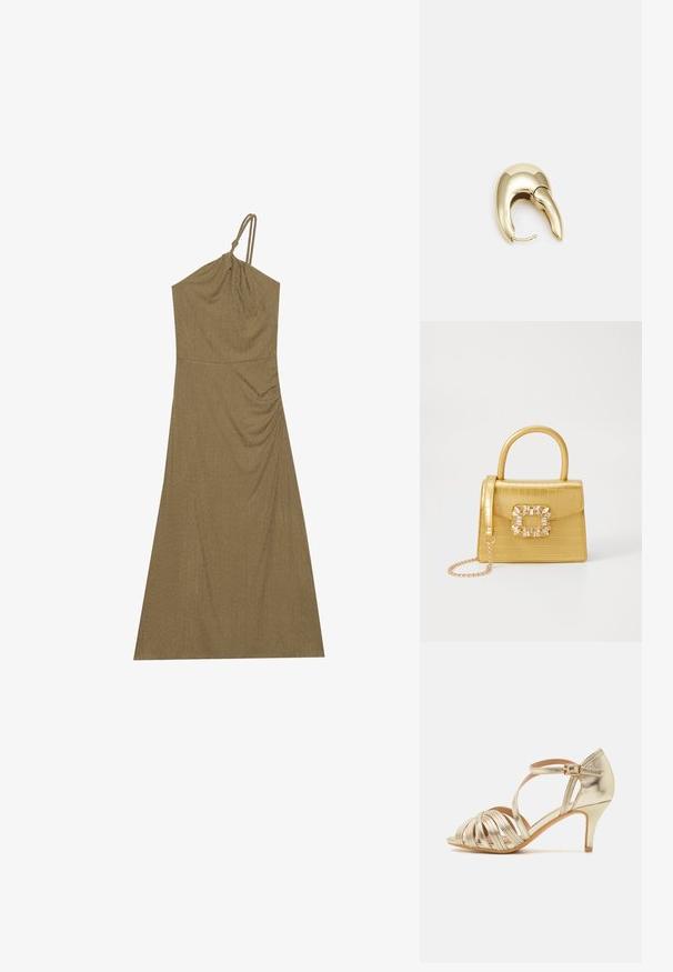 Olivengrønn, ermeløs kjole med drapert stoff og knytbar skulderstropp. Glatt, teksturert materiale med en tettsittende liv og flytende skjørt.; Gullmetalliske høyhælte sandaler med kryssede stropper, åpen tå, justerbar ankelrem med spenne, og en slank hældesign.; Gul faux-krokodille veske med en strukturert design, toppen håndtak, avtagbar kjede stropp, og dekorativ krystallbortsettelse på låsen.; Gullfarget metalløredobber med et elegant, buet design. Har en karakteristisk spiss form, polert overflate og hengsel-lukking.