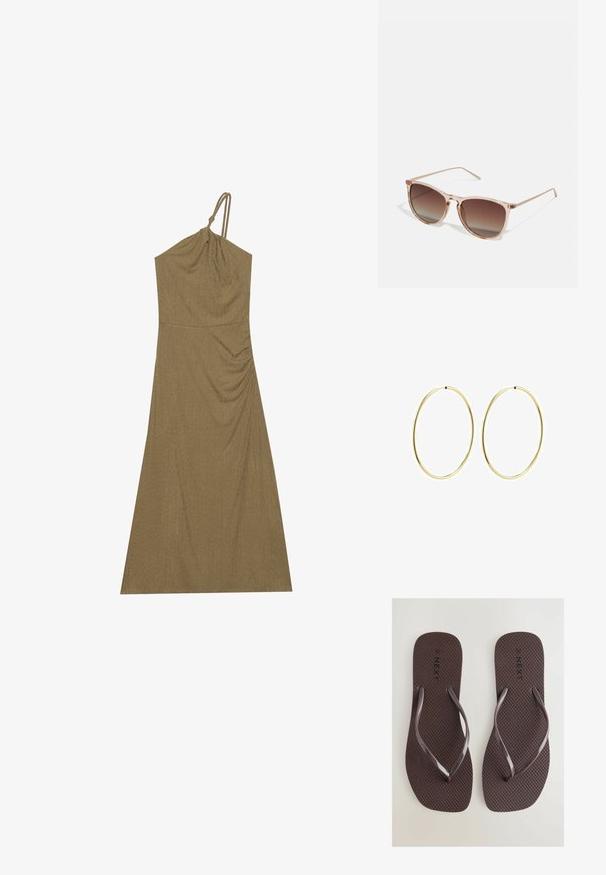 Oliivroheline, ilma varrukateta kleit drapeeritud kangaga ja nööri õlavarre rihmaga. Sile, tekstureeritud materjal sobitatud bodi ja voolava seeliku jaoks.; Next SQUARE TOE  - Basseinijalatsid - chocolate brown; Prunade gradientiga prillid koos poolka sellest roosast raamistikust, ruudukujulised ning õhukeste metallist kätega. Omab ümarate servadega ja minimaalset detailide taset.; Kuldsest rõngastest kõrvarõngad sileda, ümarate joontega. Õhukesed ja kerged, koosnevad pidevast ringsest kujundist ilma kaunistusteta.