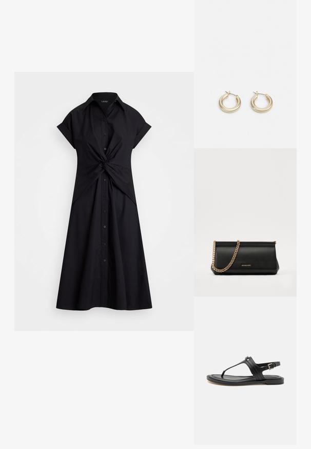 Vestido negro con collar, mangas cortas y detalle de lazo en la cintura. Presenta un frente abotonado y una falda amplia.; Sanda negra de cuero tipo thong con una correa ajustable en el tobillo, suela plana y un detalle de costura sutil, que presenta un acento plateado cerca del separador de los dedos.; Cartera de mano de piel negra con una correa de cadena dorada, que presenta una textura suave, forma rectangular y un logotipo en relieve en la parte frontal.; Lauren Ralph Lauren BASIC SMALL HOOP - Pendientes - gold-coloured
