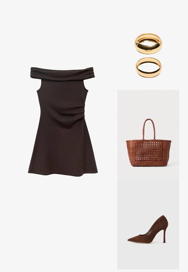 Rjava obleka z odprtimi rameni, z oprijetim korpusom, mehkobo tkanine in nabrano obdelavo v pasu, ki se širši v krilo v slogu skater.; Rjavi semiš čevlji z visoko peto in koničastim prstom ter s tankimi stiletto petami, prikazani na beli podlagi.; Tkanovana rjava torba z odprtim vzorcem, pravokotne oblike, in dvema pletenima ročajema. Ima trden dno za podporo.; Dva zlatna prstena sta prikazana, jedan je debeo i zaobljen, a drugi tanak i ravan. Obe imaju glatku, sjajnu površinu sa sjajnim završnim obradom.