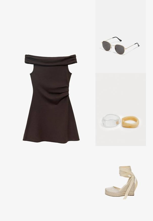 Šaty zohnuté nad plecami v hnedej farbe s priliehavým korzetom, mäkkou tkaninou a zberaním v oblasti pása, ktoré sa rozširujú do sukne v štýle korčuliarskych šiat.; Béžové espadrilové platformy s textilným zvrškom, jútovou platformou a dlhými textilnými šnúrkami na členku. Majú zaoblenú špičku a tkaný detail na päte.; Okuliare so zaoblenými sklíčkami s tmavými šošovkami, tenkým zlatým kovovým rámom, plastovými koncami straníc a nastaviteľnými nosnými podložkami. Minimalistický dizajn s klasickým vzhľadom.; Priehľadné a jantárové prstene z živice, jeden je hladký a priesvitný, druhý má textúrovaný jantárový povrch. Obe sú zaoblené a robustné.
