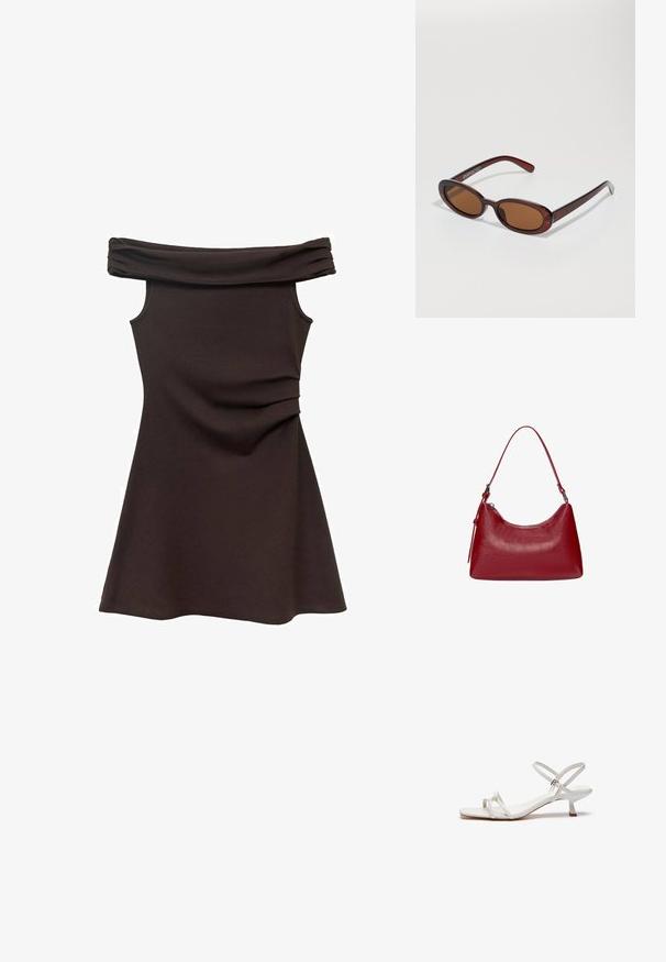 Off-the-shoulder brun klänning med figurnära liv, mjukt tyg och rynkdetaljer i midjan, som vidgar sig i en skaterstil.; Vit remsand vilket har en låg klack, platt sula och justerbar ankelrem. Slät material med en enkel design.; Runda, bruntonade solglasögon med en glansig bordeauxfärgad ram. Smala bågar med subtilt varumärkesdetalj. Platt linsdesign.; Röd läderaxelväska med en rundad design, slät yta och dragkedjestängning. Den har ett tunt handtag för bärande.