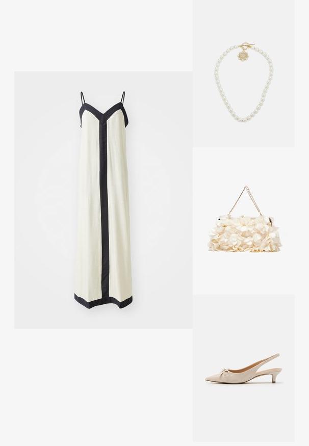 Hihaton maksimekko vaaleassa kerma-värissä, jossa on syvä V-pääntie ja mustat reunat edessä ja sivuilla. Valmistettu kevyestä kankaasta.; Beige patento nahkapohjalliset korkokengät, joissa on teräväkärkinen muoto ja koristeellinen nauha jalkapöydällä. Kengissä on matala, hoikka korko ja sileä pinta.; Valkoinen kukallinen käsilaukku, jossa on kerroksellinen kangaspinta, kultasävyinen ketjuhihna ja metallikahva. Sisältää teksturoituja terälehtiä lisäyksinä.; Lauren Ralph Lauren COLLAR - Kaulakoru - gold-coloured/white