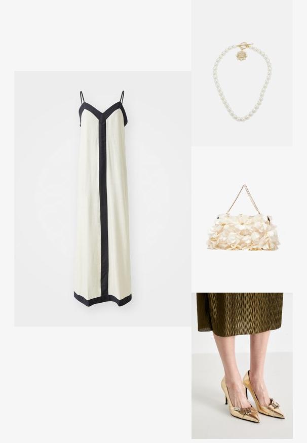 Ujjatlan maxi ruha krém színben, mély V-kivágással, fekete díszítéssel a széleken és elöl. Könnyű anyagból készült.; Arany színű magassarkú cipő, hegyes orral, fémes felülettel, elől dekoratív csat részlettel és vékony tűsarkakkal.; Fehér virágmintás kézitáska gyűrt szövet felülettel, aranyszínű lánccal és fémetaljzattal. Textúrázott szirmokkal készült a részletesebb megjelenés érdekében.; Lauren Ralph Lauren COLLAR - Nyaklánc - gold-coloured/white