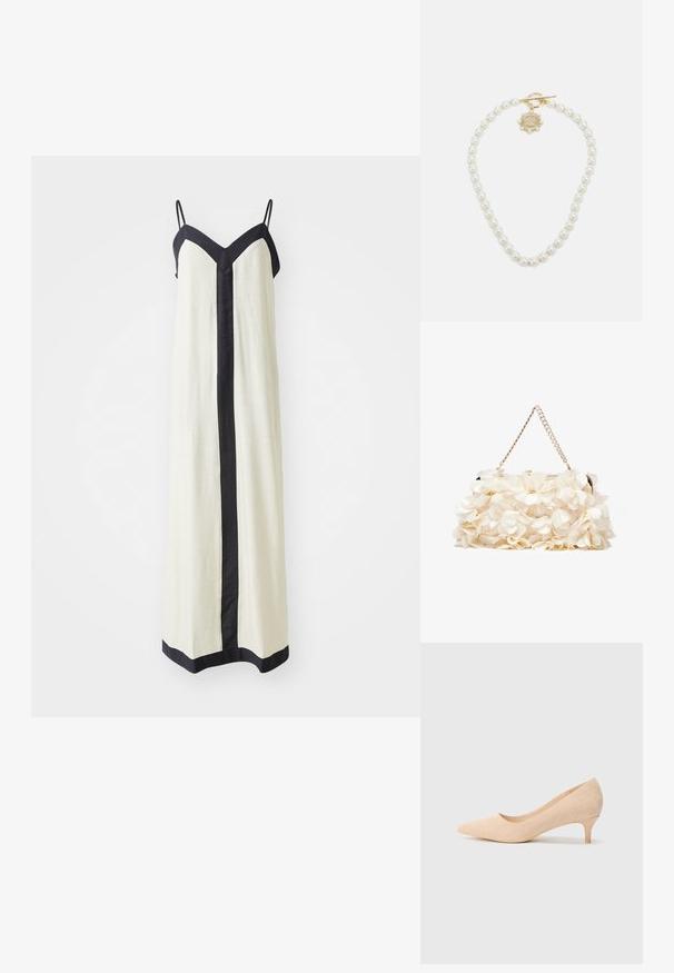 Bezrukávové maxi šaty v krémovej farbe s hlbokým V-výstrihom a čiernym lemovaním pozdĺž okrajov a prednej časti. Vyrobené z ľahkej tkaniny.; Bežové semišové lodičky na vysokom podpätku s špicatou špičkou a tenkým, 5-centimetrovým podpätkom. Hladký povrch s minimálnym zdobením na hornej strane.; Biela kvetinová taška s nariaseným textilným povrchom, zlatým reťazovým popruhom a kovovým zámkom. Obsahuje textúrované okvetné lístky pre väčší detail.; Lauren Ralph Lauren COLLAR - Náhrdelník - gold-coloured/white
