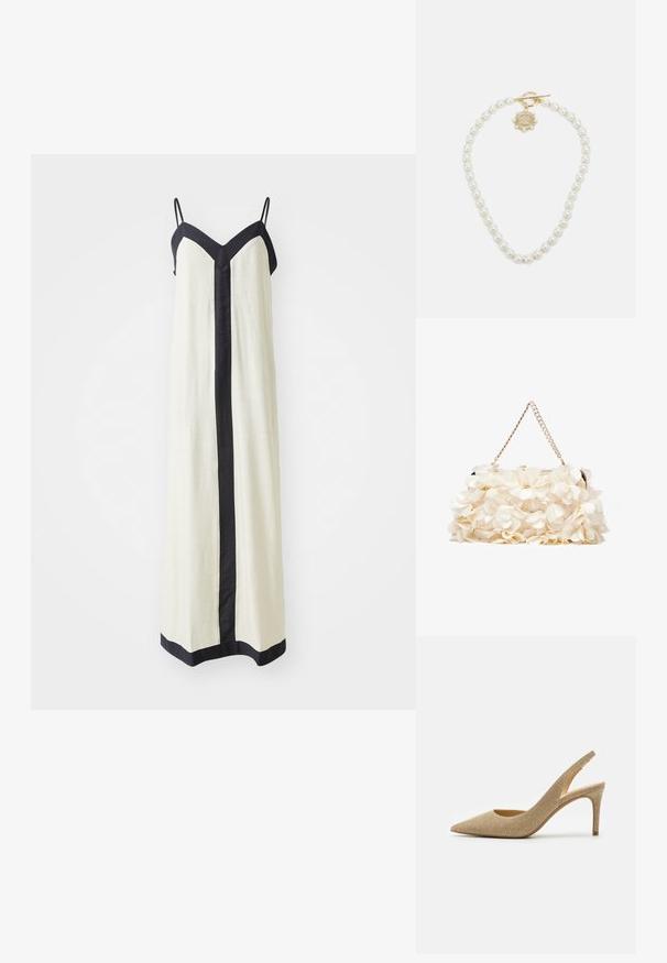Vestido maxi sem mangas em creme com um decote em V profundo e detalhes pretos nas bordas e na parte da frente. Feito de um tecido leve.; MICHAEL Michael Kors ALINA FLEX SLING - Saltos altos - pale gold; Bolsa de mão branca com superfície de tecido franzido, alça de corrente em tom dourado e fecho de metal. Apresenta pétalas texturizadas para um detalhe adicional.; Lauren Ralph Lauren COLLAR - Colar - gold-coloured/white