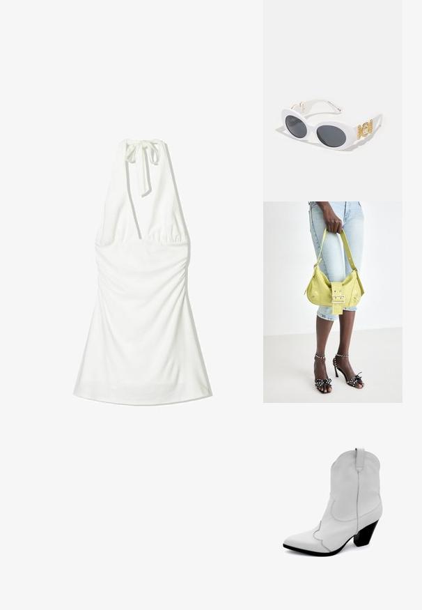 Bela halter majica s kravato, ki ima nabran material na oprsju in prosto padajoč dno. Gladka tekstura brez vzorcev ali dodatkov.; Bela usnjena kavbojska škornja s koničastim nosom, ukrašena ukrivljenim šivom in kratkim črnima blokastim petami. Ima tudi zanko za vlečenje na zadnji strani.; Bela ovalna sončna očala s temnimi lečami, z zlatimi okovji in dekorativnimi detajli na čeljustih. Gladek plastični material.; Rumena perforirana torbica z detajlom z zaponko in nastavljivimi naramnicami, v kombinaciji z denim kratkimi hlačami in črnimi visokimi salonarji z pentljami.