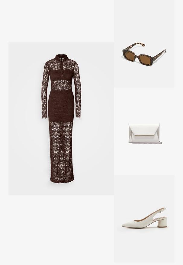 Brahna čipkasta obleka z dolgimi rokavi in visokim ovratnikom, s prilegajočo silhueto in zapletenimi cvetličnimi vzorci po celotni tkanini, ki vključuje prozoren dizajn.; Bela usnjena sandala s peto in usnjeni trakovi, s koničastim prstom, srednje visokim blok peto in nastavljivim trakom. Gladka tekstura; minimalističen dizajn.; Sončna očala iz kornjačine s poudarjenim, okroglim okvirjem in rjavimi lečami. Imajo subtilne vzorce in ravne, zožene ročke.; Bela kuvertna torbica iz gladke usnje z srebrnim verižnim trakcem in kovinskim naglasnim trakom spredaj. Minimalistična zasnova in trikotna oblika.; Srebrne obročeve uhane z teksturiranim, nepravilnim dizajnom. Površina je odsevna in prikazuje krivulje in konture. Notranji prostor je prazen.