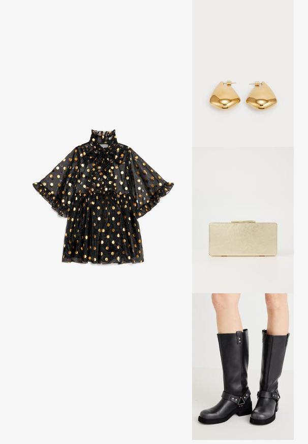 Svart gjennomsiktig kjole med høy hals og sløyfedetalj, med gullfargede polkadotter, utstående ermer og lagvis volangkant.; Sorte skinnhøye støvler med bred skaft, stroppe detaljer, sølvfarge detaljer og flat såle. Jevn tekstur med en lett glans.; Gull clutch-veske med en jevn metallisk finish, rektangulær form og en enkel lås. Ingen synlige mønstre eller dekorasjoner.; Øreringer i gulltone laget av metall, med en glatt, avrundet trikantform og stift-bakdesign; reflekterende overflate med minimal detaljer.