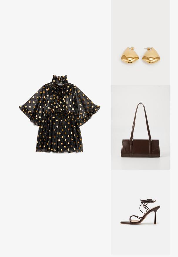 Čierne priehľadné šaty s vysokým golierom a mašľovým detailom, zdobené zlatými bodkami, s rozšírenými rukávmi a vrstveným volánovým lemom.; Simmi London MACIA - Sandále na vysokom opätku - chocolate; Hnedá lakovaná kožená kabelka s obdĺžnikovým tvarom, dvoma dlhými rúčkami a jemne zakrivenými akcentami na prednej strane.; Náušnice z kovu v zlatej farbe s hladkým, zaobleným trojuholníkovým tvarom a dizajnom na zapichovanie; reflexný povrch s minimálnymi detailmi.
