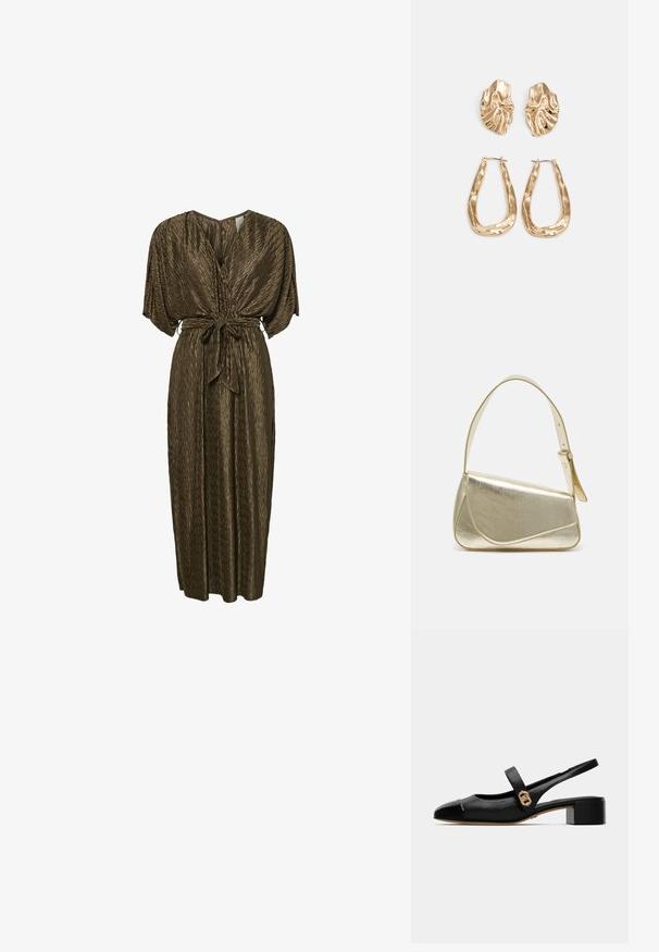 Brown, pleated maxi dress with a V-neck, wide sleeves, and a tied belt at the waist. Smooth texture with a subtle sheen.; Black leather slingback shoe with a rounded toe, featuring a glossy cap and a gold accent on the strap, secured with a small block heel.; Gold metallic handbag with a structured design, smooth texture, and adjustable strap. Features a unique triangular shape and minimalist stitching.; Gold-tone earrings featuring textured, wavy shapes. Includes sculptural clip-on studs and open hoop design with a hammered finish.