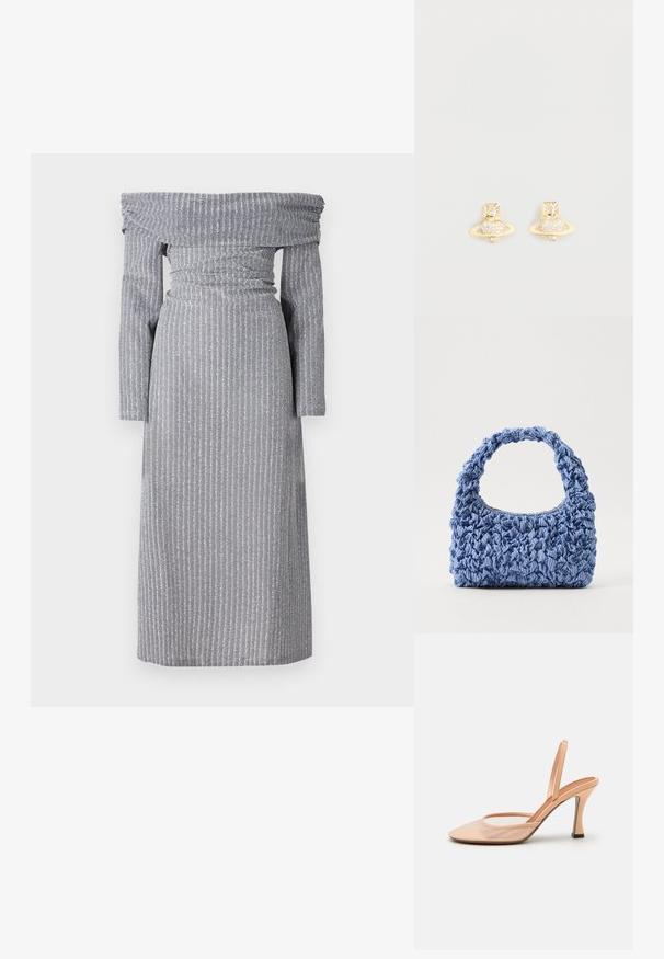 Olkapäiltä avonainen vaatteet vaaleanharmaasta väristä, jossa on hienovaraisia pystysuoria raitoja, tiukka vyötärö, pitkät hihat ja valuva siluetti. Pehmeä kankaan rakenne.; Korkea korkokenkä, jossa on nude-mesh-materiaali, teräväkärkinen muotoilu, hoikka nilkkahihna ja stiletto-korko, jonka perustassa on musta yksityiskohta.; Sininen kangaskuorilaukku, jossa on kerroksellinen rakenne ja paksu, röyhelöinen kahva. Sisältää hillittyjä raidallisia kuvioita. Kompakti suorakulmainen muoto.; Kultaiset nappikorvakorut, joissa on Saturnuksen muotoilu, teksturoitu rengas ja upotetut pyöreät kristallikivet tuomaan lisää kimallusta.