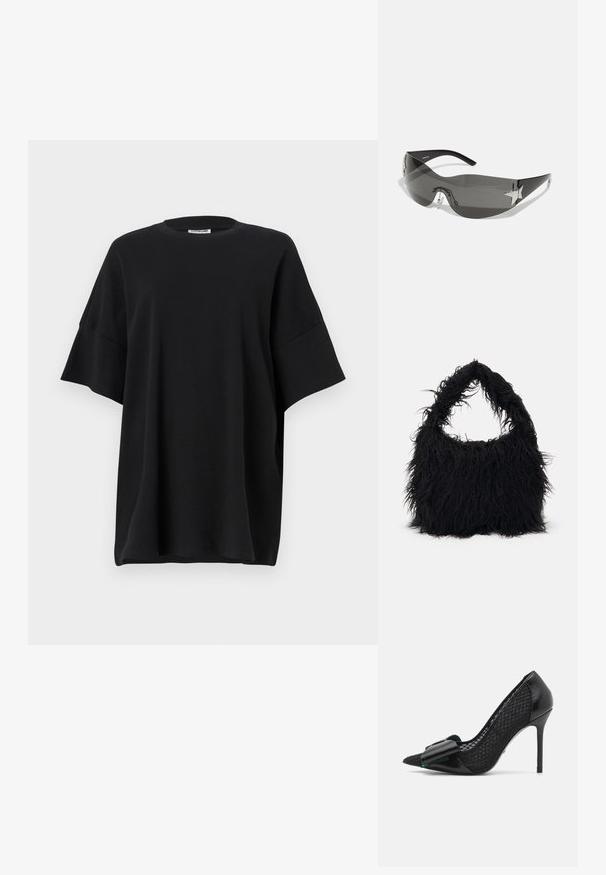 Crni oversized majica od pamuka, s okruglim izrezom i kratkim, širokim rukavima, glatke teksture i opuštenog kroja.; Crna visokotlgana cipela s oštrim vrhom, s glatkom kožnom prednjom stranom i teksturiranim mrežastim stranicama, ukrašena velikom mašnom.; Crne sunčane naočale s dizajnom koji se obavija oko glave, tamno obojeni leće, sjajni akcenti u obliku zvijezda i podesive nosače.; Even&Odd Velika torba - black