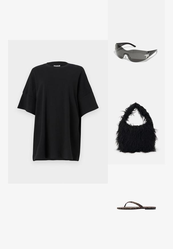 T-shirt nero oversize in cotone, con scollatura rotonda e maniche corte e larghe, con una consistenza liscia e una vestibilità comoda.; Sandali infradito con stampa leopardata, suola piatta, cinturini sottili e texture liscia. Presentano audaci motivi neri e marroni sul materiale.; Occhiali da sole neri con design avvolgente, lenti scure, rifiniture a forma di stella brillanti e naselli regolabili.; Even&Odd Shopping bag - black