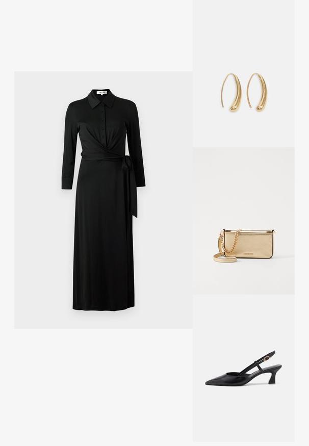 Schwarzes Wickelkleid aus glattem Stoff, mit einem Kragen, Knopfverschluss, langen Ärmeln, Taillengürtel und langem Rock.; Schwarze Leder-Slingback-Schuhe mit spitzer Zehenform, niedrigem Absatz und verstellbarem Riemen mit einem goldenen Ring-Akzent. Glatte Textur und minimalistisches Design.; Metallisch goldene Leder-Clutch mit strukturierter Oberfläche, ausgestattet mit einem goldenen Kettenriemen und einem abnehmbaren Schulterriemen. Markenlogo geprägt.; Goldfarbene Metall-Hoops mit einer geschwungenen, länglichen Form. Sie verfügen über eine glatte, glänzende Oberfläche und eine abgerundete Spitze für zusätzliche Details.