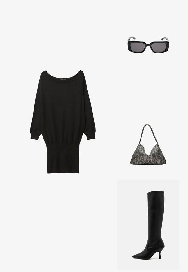 Sort oversized sweatshirt med bred bådudskæring, lange ærmer, ribkant ved håndleddene og en tætsiddende bundkant, lavet af et blødt, struktureret stof.; Stuart Weitzman Høje støvler/ Støvler - black; Sorte rektangulære solbriller med mørke linser, glat plastikramme og buede stænger. Designet er klodset med en minimalistisk æstetik.; Grå vævet håndtaske med en triangulær form, der har en enkelt strop og en tekstureret overflade, lynlås-lukning og et jævnt mønster gennem hele.