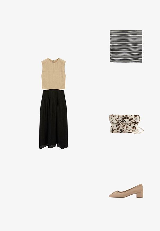 Beige ärmlös top med hög hals och strukturerad yta, i kombination med en svart A-linjeformad kjol med veck och en flödande nederdel.; Beige läderpumps med spetsig tå, liten rosett detalj fram och fyrkantig låg klack. Slät yta med minimal sömnad.; Svart och vit randig scarf, tillverkad av lättviktsmaterial. Fyrkantig form med jämna, alternerande ränder av varierande bredd. Mjuk textur.; Kosskinnsväska med en krämfärgad bas och mörkbruna fläckar, rektangulär form, viklock och en avtagbar axelrem.