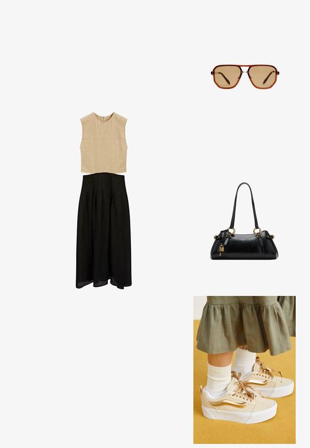 Beżowa top bez rękawów z wysokim dekoltem i teksturowanym wykończeniem, zestawiona z czarną spódnicą w kształcie litery A z plisami i luźnym dołem.; Vans KNU STACK złoty; Brązowe ośmiokątne okulary przeciwsłoneczne z przezroczystą bursztynową oprawką i brązowymi soczewkami. Posiadają metalowy akcent na nosku oraz smukłe zauszniki.; Czarna skórzana torebka o gładkiej fakturze, zaokrąglonym kształcie, złotych akcentach metalowych i podwójnych uchwytach. Posiada dekoracyjny zamek z boku.