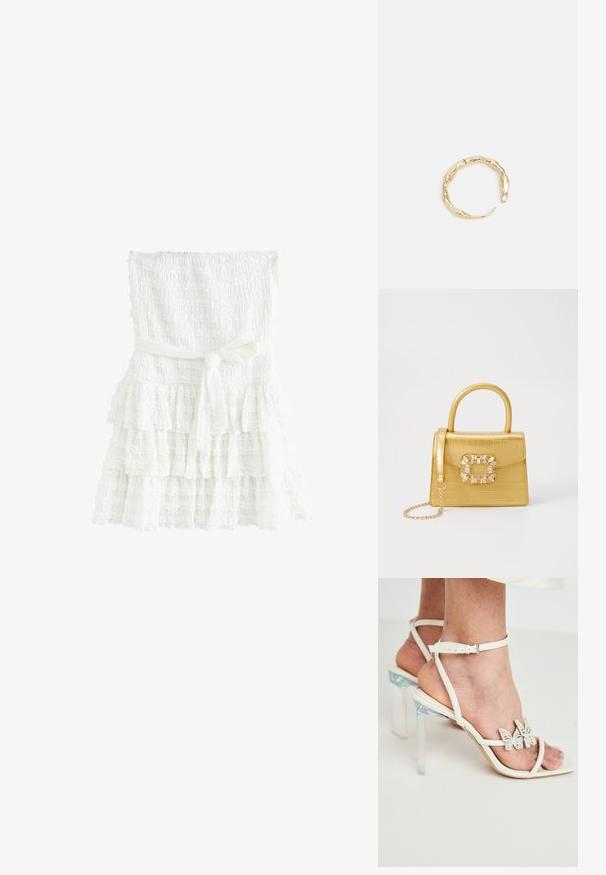 Balta kārtainā kleita, izgatavota no teksturēta auduma, ar izsmēķētu bodici un jostu, kas sasieta ap vidukli. Kārtām ir viļņotas malas.; Baltas strappy augstpapēžu sandales ar caurspīdīgiem, varavīksnenes blokiem un dekoratīvām tauriņu detaļām uz siksnām. Gluda ādas tekstūra.; Dzeltena mākslīgā krokodila roku soma ar strukturētu dizainu, augšējo rokturi, noņemamu ķēdes siksniņu un dekoratīvām kristāla rotājumiem aizdares daļā.; Zelta toņa gredzens ar organisku, vērptu dizainu, gludu virsmu un sašaurinātiem galiem, radot mūsdienīgu, skulpturālu izskatu.